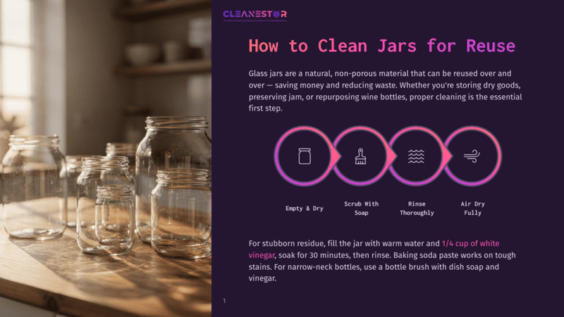 1 How To Clean Jars For Reuse Glass Jars Of Various Sizes Sit On A Wooden Table In Front Of A Blurred Background, With Text Overlaying The Image: &Quot;Cleanestor How To Clean Jars For Reuse&Quot;.
