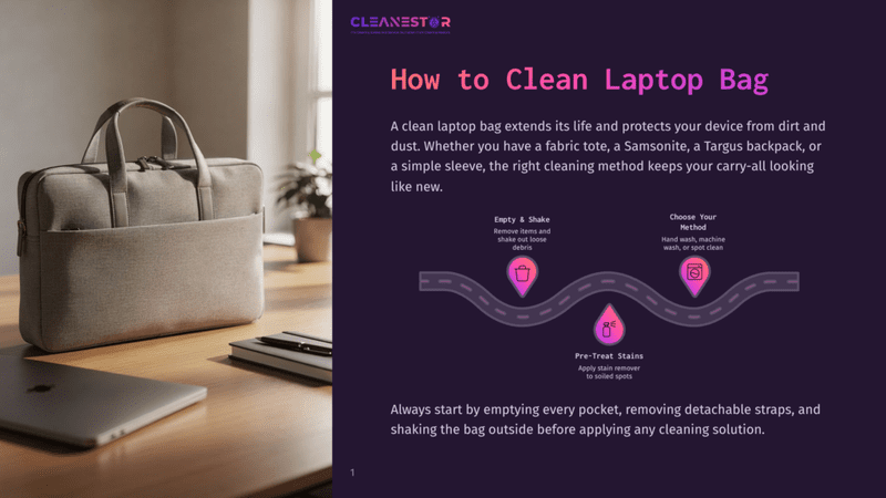 1 How To Clean Laptop Bag A Light Beige Laptop Bag With A Textured Finish Rests On A Wooden Desk Next To An Open Laptop And Notebooks. The Image Also Features A Graphic Overlay With The Title &Quot;How To Clean Laptop Bag&Quot; And Illustrated Steps For Cleaning.