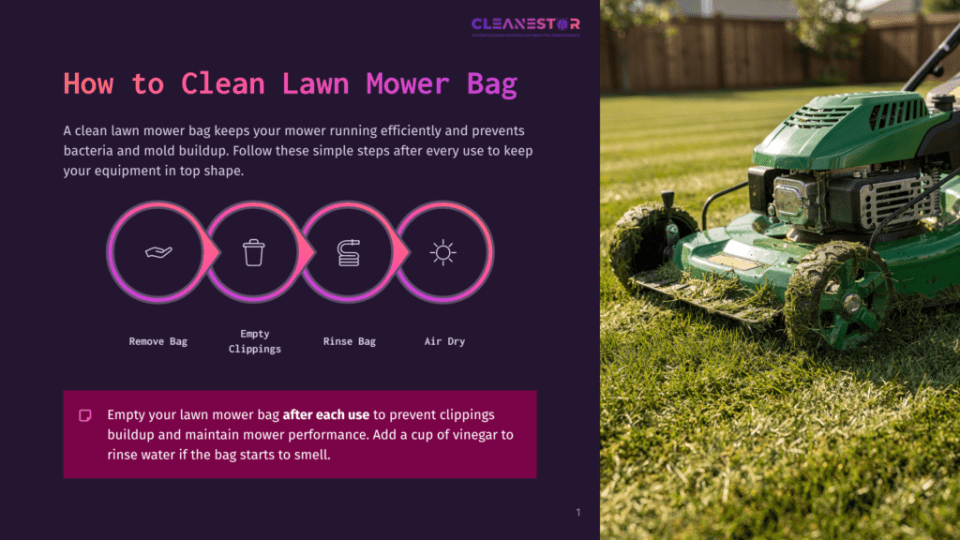 1 How To Clean Lawn Mower Bag A Green Lawn Mower Sits On A Grassy Lawn With A Collection Of Grass Clippings. To The Left, A Graphic Illustrates How To Clean A Lawn Mower Bag: Remove, Empty, Rinse, And Air Dry.