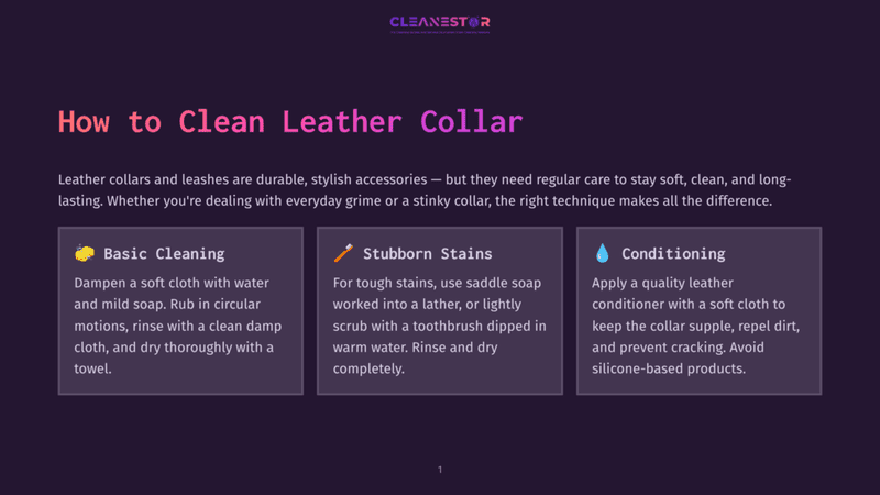 1 How To Clean Leather Collar Illustration With Text On How To Clean Leather Collars And Leashes. Sections Include &Quot;Basic Cleaning,&Quot; &Quot;Stubborn Stains,&Quot; And &Quot;Conditioning,&Quot; With Icons Of A Lemon, A Toothbrush, And A Water Drop.