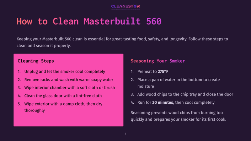 1 How To Clean Masterbuilt 560 Masterbuilt 560 Smoker Cleaning And Seasoning Guide. Steps Include Unplugging, Cleaning Racks And Interior, And Seasoning With Wood Chips.