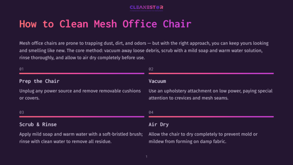 1 How To Clean Mesh Office Chair Cleanestor Infographic Detailing How To Clean A Mesh Office Chair: Prep The Chair, Vacuum, Scrub &Amp; Rinse, And Air Dry.