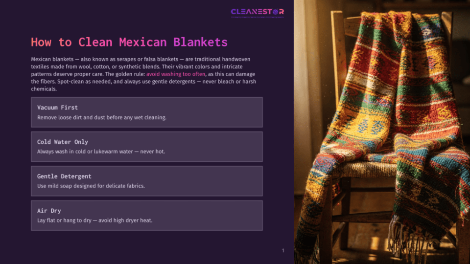 1 How To Clean Mexican Blankets A Colorful, Woven Mexican Blanket Draped Over A Wooden Chair, With Text Overlay Providing Cleaning Tips.