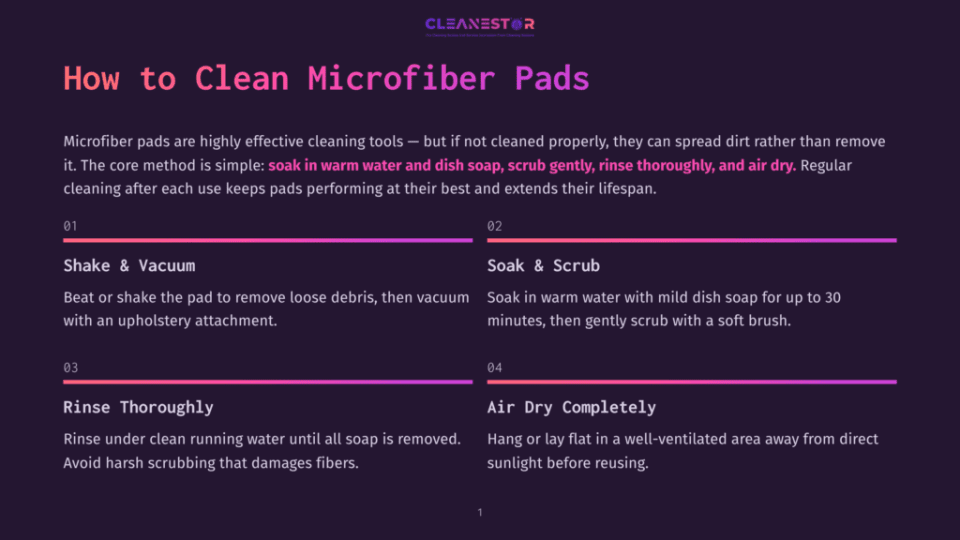 1 How To Clean Microfiber Pads Infographic Titled &Quot;How To Clean Microfiber Pads&Quot; From Cleanestor, Detailing Steps: Shake &Amp; Vacuum, Soak &Amp; Scrub, Rinse Thoroughly, And Air Dry Completely.