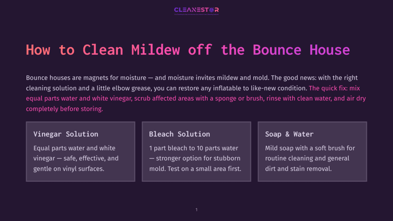 1 How To Clean Mildew Off The Bounce House Infographic Titled &Quot;How To Clean Mildew Off The Bounce House&Quot;, Offering Three Cleaning Solutions: Vinegar Solution, Bleach Solution, And Soap &Amp; Water, With Detailed Instructions.