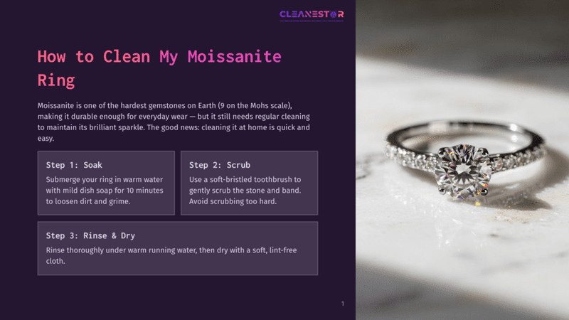 1 How To Clean My Moissanite Ring Close-Up Of A Sparkling Moissanite Engagement Ring With A Halo Of Small Diamonds, Resting On A Textured Marble Surface. The Image Highlights The Brilliance Of The Moissanite, Perfect For Cleaning Tips.