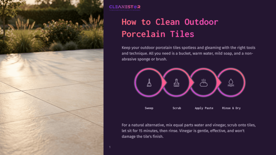 Outdoor Porcelain Tiles Are Shown With A Graphic Illustrating How To Clean Them: Sweep, Scrub, Apply Paste, And Rinse &Amp; Dry. The Graphic Is Overlaid On A Photo Of A Clean, Sunlit Patio With Lush Greenery.