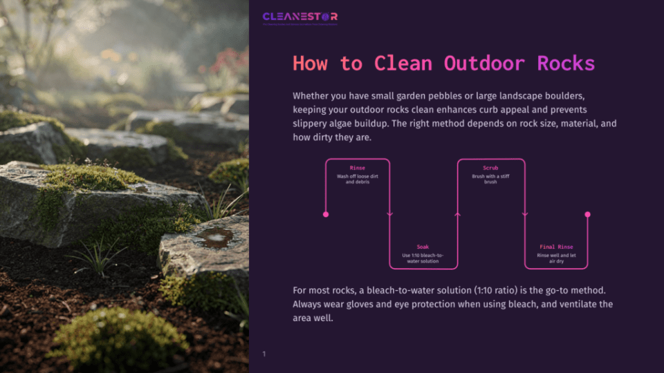 1 How To Clean Outdoor Rocks Close-Up Of Large, Moss-Covered Outdoor Rocks In A Garden Setting, With A Soft, Misty Background. Text Overlay Reads &Quot;Cleanestor&Quot; And &Quot;How To Clean Outdoor Rocks&Quot;.