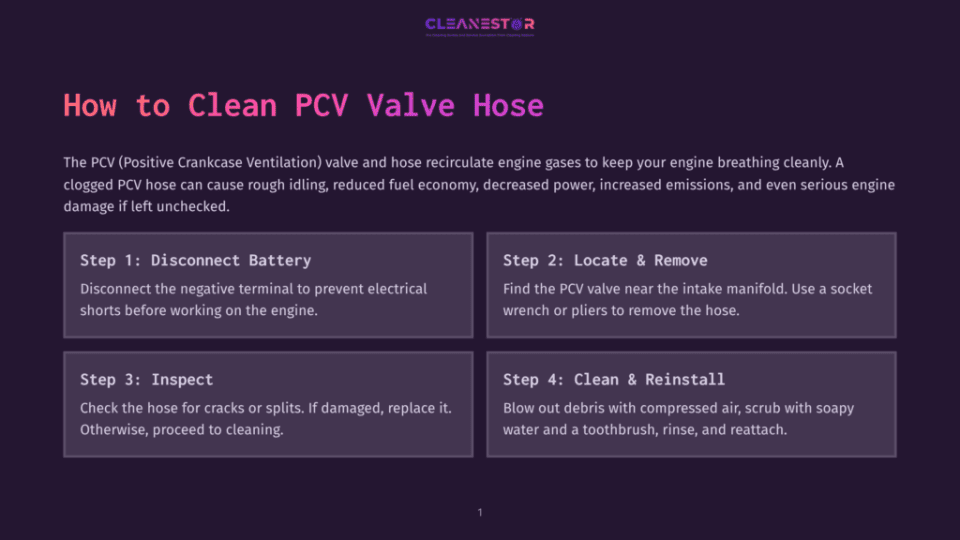 1 How To Clean Pcv Valve Hose Diagram With Four Steps For How To Clean A Pcv Valve Hose: 1. Disconnect Battery, 2. Locate &Amp; Remove, 3. Inspect, 4. Clean &Amp; Reinstall. Text From Cleanestor Logo At Top.