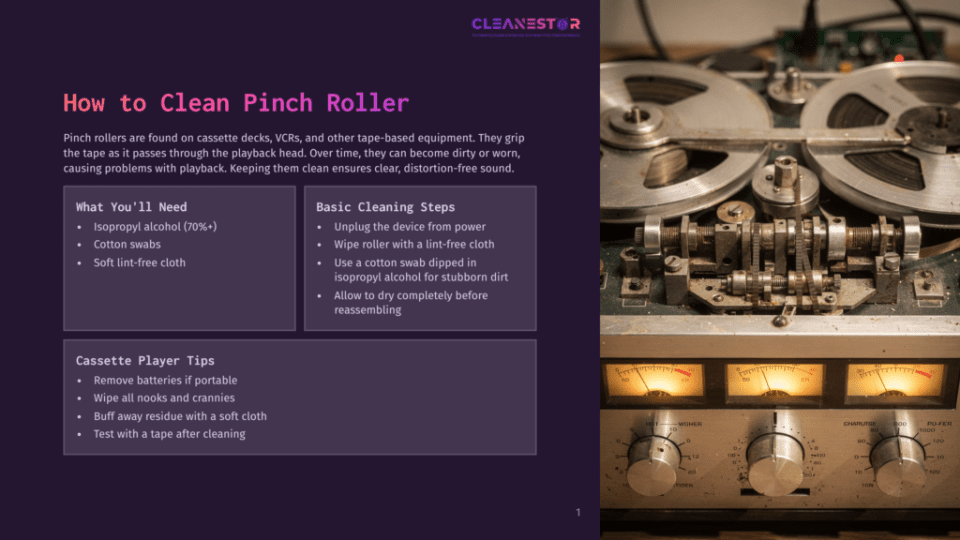 1 How To Clean Pinch Roller Close-Up Of A Vintage Reel-To-Reel Tape Player With Prominent Pinch Rollers, Featuring Vu Meters And Control Knobs. Text Overlay Reads &Quot;Cleanestor&Quot; And &Quot;How To Clean Pinch Roller&Quot;.
