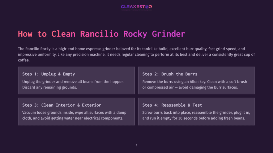 1 How To Clean Rancilio Rocky Grinder Infographic Detailing How To Clean A Rancilio Rocky Grinder: Step 1 Unplug &Amp; Empty, Step 2 Brush The Burrs, Step 3 Clean Interior &Amp; Exterior, Step 4 Reassemble &Amp; Test.