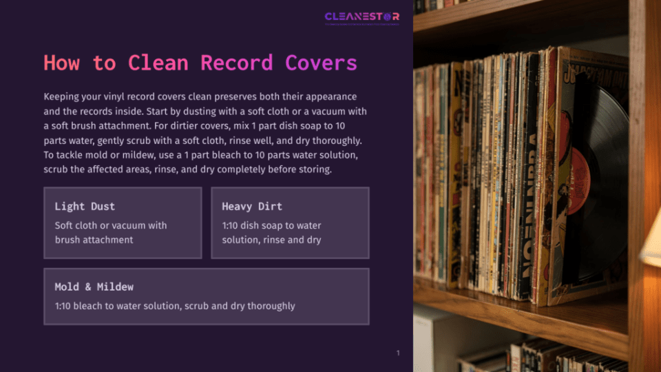A Shelf Filled With Vinyl Records, Some With Colorful Covers, Stands Next To A Detailed Guide On How To Clean Record Covers, Including Tips For Light Dust, Heavy Dirt, Mold, And Mildew.