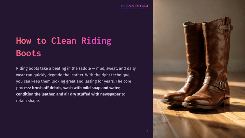 1 How To Clean Riding Boots Two Rich Brown Leather Riding Boots With Buckles Stand On A Wooden Floor, Bathed In Warm Sunlight. The Text &Quot;How To Clean Riding Boots&Quot; Is Visible On The Left.