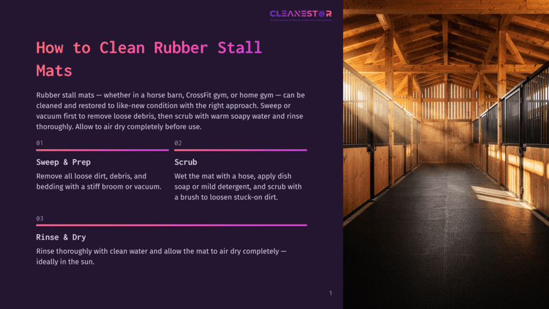 1 How To Clean Rubber Stall Mats Sunlight Streams Through Wooden Beams Onto A Clean, Empty Rubber Stall Floor In A Barn, With Text Overlaying The Left Side Of The Image Detailing How To Clean Rubber Stall Mats.