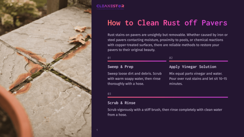 1 How To Clean Rust Off Pavers Close-Up Of Rusty Stains On Light-Colored Pavers On An Outdoor Patio, With Fallen Oak Leaves Scattered Nearby. Text Overlay Reads &Quot;How To Clean Rust Off Pavers&Quot;.