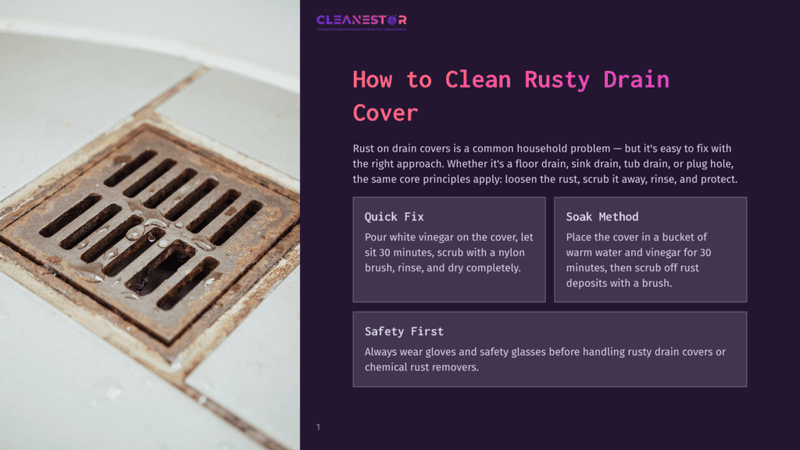 1 How To Clean Rusty Drain Cover Close-Up Of A Rusty, Old Metal Drain Cover With Visible Rust Stains And Water Droplets, Set Against A Tiled Floor. Text On The Right Side Of The Image Reads &Quot;Cleanestor&Quot; And &Quot;How To Clean Rusty Drain Cover&Quot;.