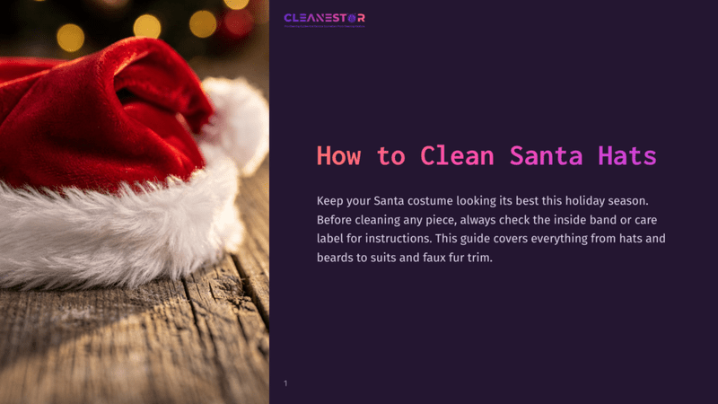 1 How To Clean Santa Hats Close-Up Of A Red Santa Hat With White Faux Fur Trim Resting On A Rustic Wooden Surface, With Blurred Bokeh Lights In The Background. The Text &Quot;Cleanestor&Quot; Is Visible.