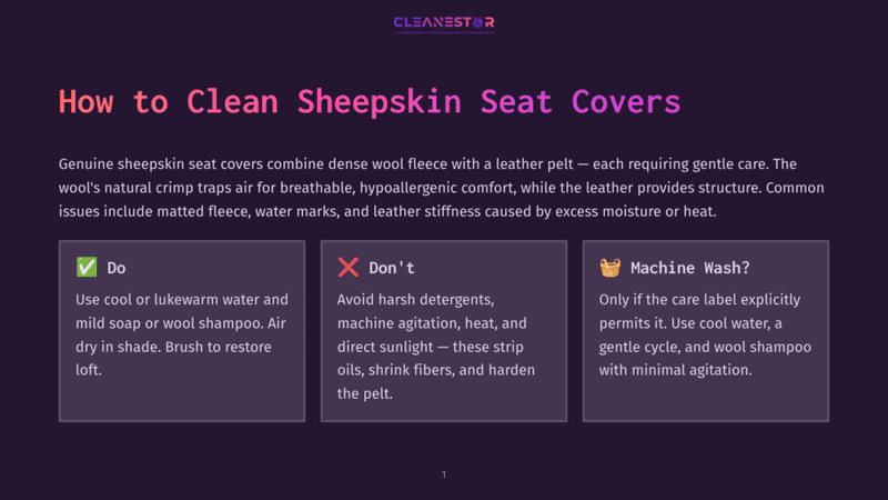 1 How To Clean Sheepskin Seat Covers Graphic With Text &Quot;How To Clean Sheepskin Seat Covers&Quot; And Three Boxes: &Quot;Do&Quot; With Checkmark, &Quot;Don'T&Quot; With X, And &Quot;Machine Wash?&Quot; With Washing Machine Icon, Offering Cleaning Tips.