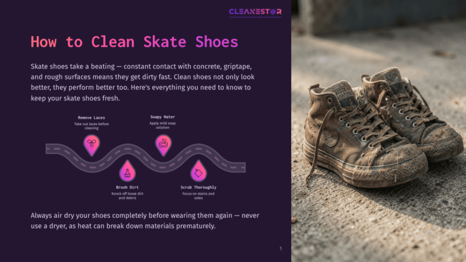 1 How To Clean Skate Shoes A Pair Of Very Dirty, Well-Worn High-Top Skate Shoes With Brown Canvas And White Soles Are Shown Up Close, Covered In Mud And Dirt, With A Dark Background.