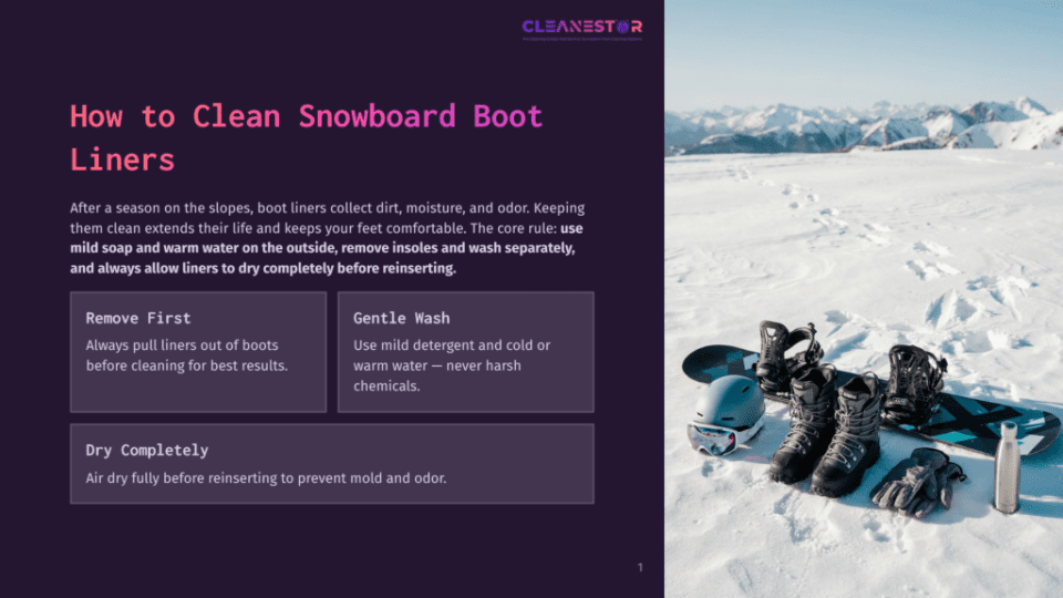1 How To Clean Snowboard Boot Liners Snowboard Boots, Helmet, Gloves, And Water Bottle Rest On A Snowy Mountain Slope Next To A Snowboard. The Image Features A Clear Blue Sky And Snow-Capped Mountains In The Background.