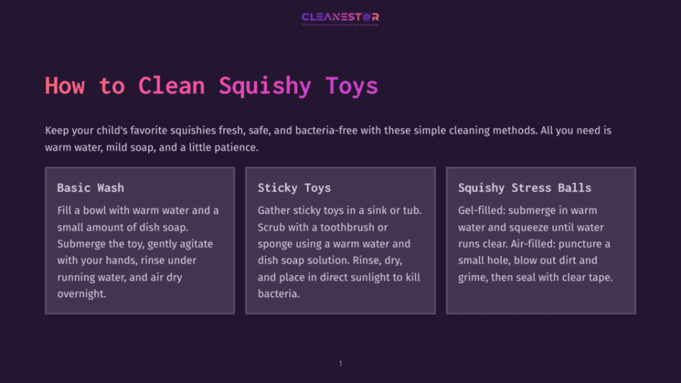 1 How To Clean Squishy Toys Infographic Titled &Quot;How To Clean Squishy Toys&Quot; With Three Columns Detailing Methods: Basic Wash, Sticky Toys, And Squishy Stress Balls. The Background Is A Dark Purple Gradient.
