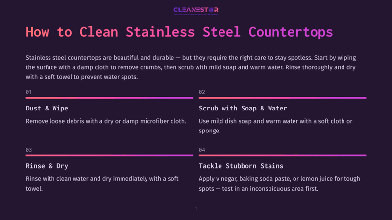 1 How To Clean Stainless Steel Countertops Infographic Titled &Quot;How To Clean Stainless Steel Countertops,&Quot; Detailing Four Steps: Dust &Amp; Wipe, Scrub With Soap &Amp; Water, Rinse &Amp; Dry, And Tackle Stubborn Stains With Cleaning Tips.