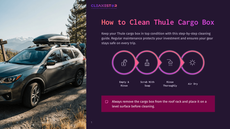 1 How To Clean Thule Cargo Box A Dark Gray Suv With A Thule Cargo Box On Top Is Parked On A Gravel Road With A Scenic Mountain View In The Background. Text Overlay Reads &Quot;How To Clean Thule Cargo Box&Quot; And Outlines Cleaning Steps.