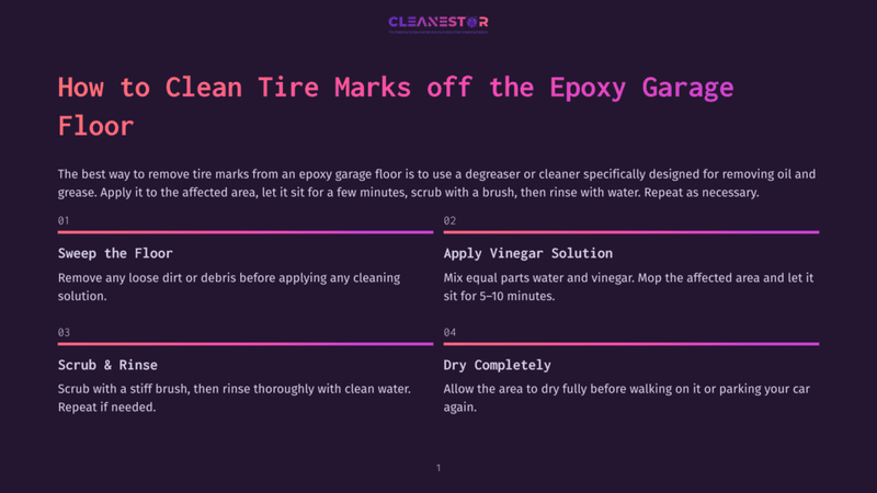 1 How To Clean Tire Marks Off The Epoxy Garage Floor Infographic Titled &Quot;How To Clean Tire Marks Off The Epoxy Garage Floor&Quot; With Numbered Steps: 1. Sweep The Floor, 2. Apply Vinegar Solution, 3. Scrub &Amp; Rinse, 4. Dry Completely.