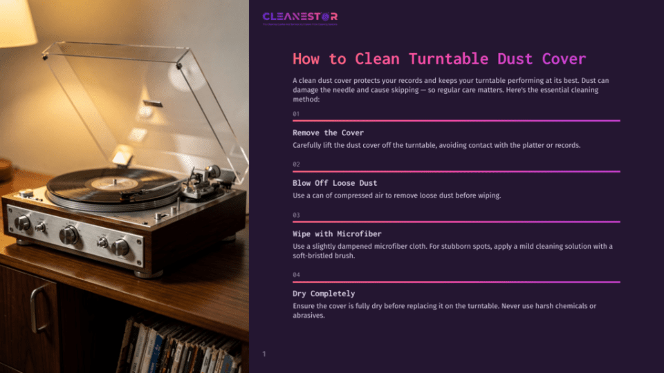 1 How To Clean Turntable Dust Cover Cleanestor Graphic: How To Clean Turntable Dust Cover, With A Vintage Turntable On A Wooden Shelf.