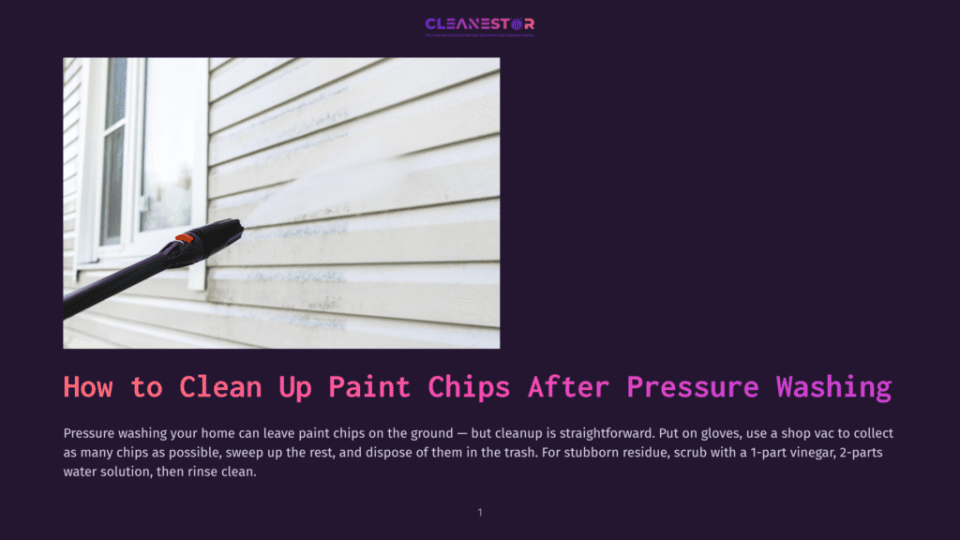 1 How To Clean Up Paint Chips After Pressure Washing Close-Up Of A Pressure Washer Wand Spraying Water Onto A White Vinyl-Sided House, Cleaning Away Paint Chips And Grime. The Text &Quot;How To Clean Up Paint Chips After Pressure Washing&Quot; Is Visible.