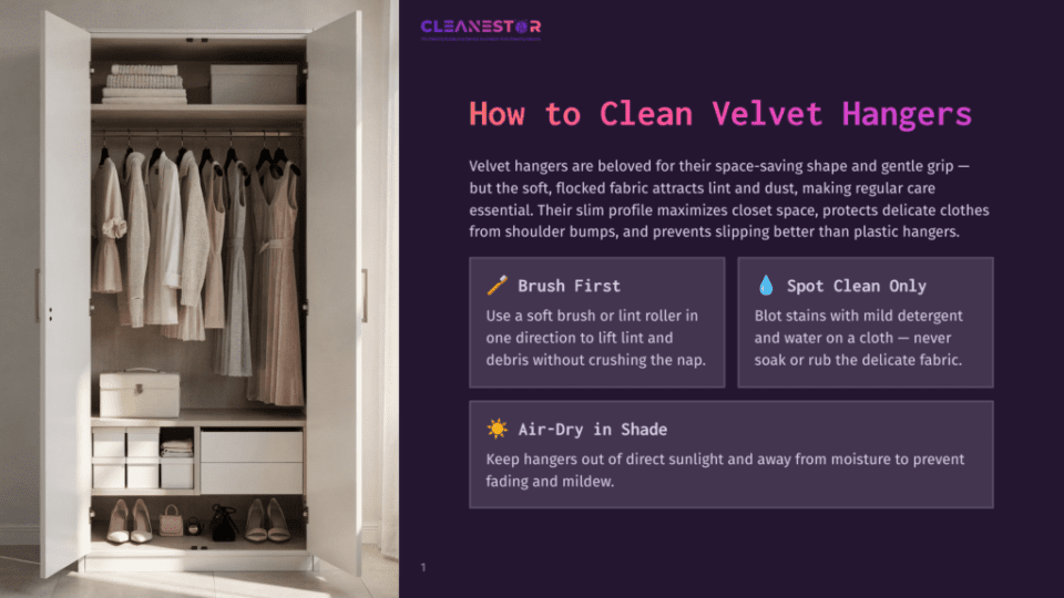 1 How To Clean Velvet Hangers Cleanestor Logo And Text About How To Clean Velvet Hangers, Next To An Open Closet Filled With Clothes On Velvet Hangers.