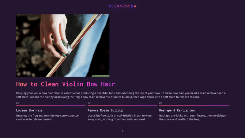 1 How To Clean Violin Bow Hair Close-Up Of A Hand Holding A Violin Bow, Preparing To Clean It With A Cloth. Text On The Image: &Quot;How To Clean Violin Bow Hair&Quot;.