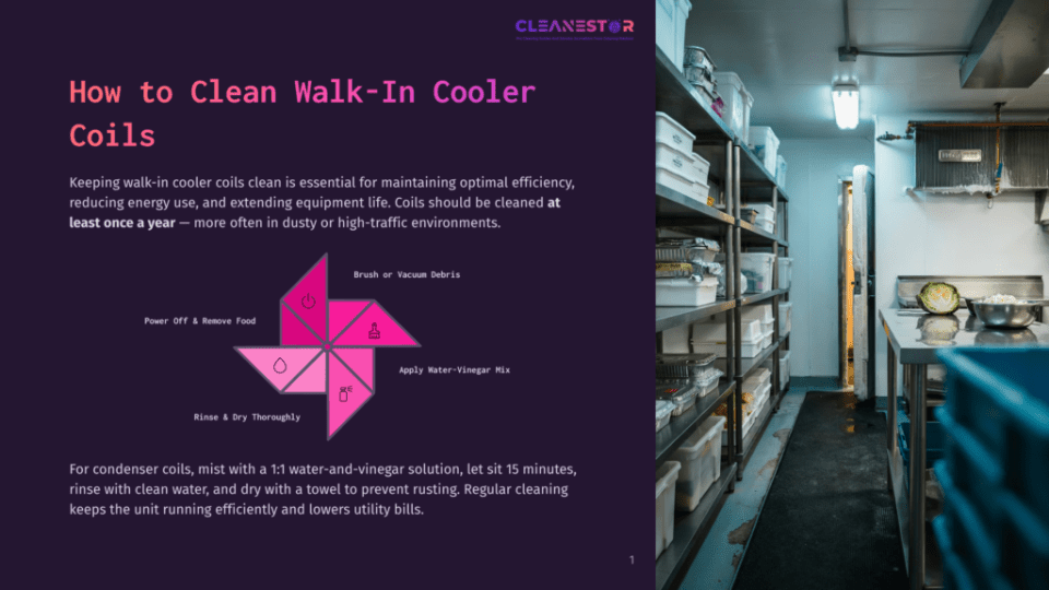 1 How To Clean Walk In Cooler Coils Diagram Showing How To Clean Walk-In Cooler Coils: Power Off, Brush Debris, Apply Water-Vinegar Mix, Rinse, And Dry Thoroughly. Text Includes &Quot;Cleanestor&Quot; And &Quot;How To Clean Walk-In Cooler Coils&Quot;.