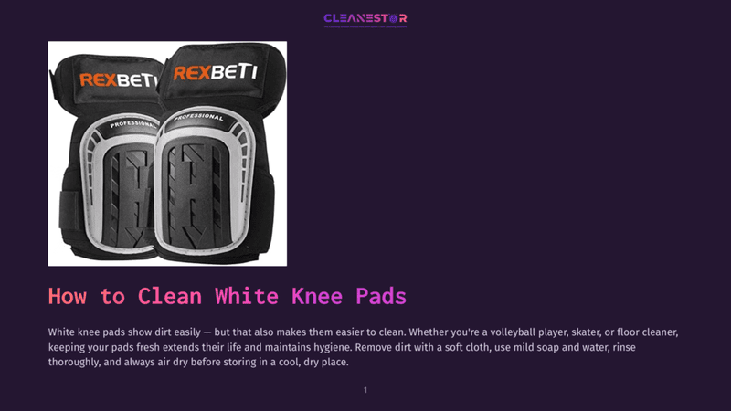 1 How To Clean White Knee Pads A Pair Of White Rexbeti Professional Knee Pads With Black Padding And Grey Accents Are Displayed On A Dark Purple Background. The Text &Quot;How To Clean White Knee Pads&Quot; Is Overlaid In Large, Vibrant Lettering.
