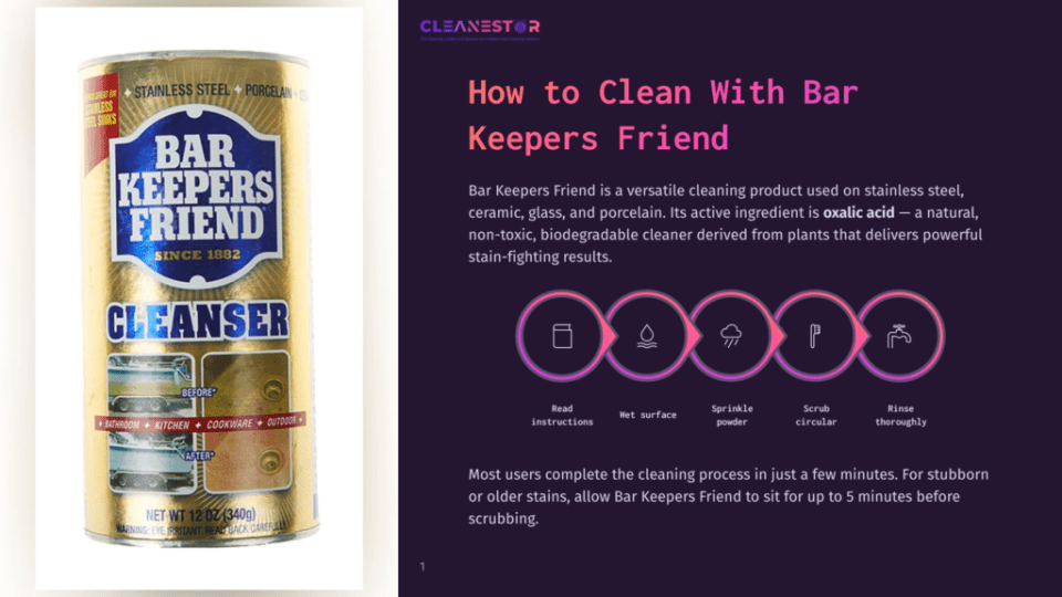 1 How To Clean With Bar Keepers Friend Can Of Bar Keepers Friend Cleanser With &Quot;How To Clean With Bar Keepers Friend&Quot; Text And Cleaning Steps Icons.