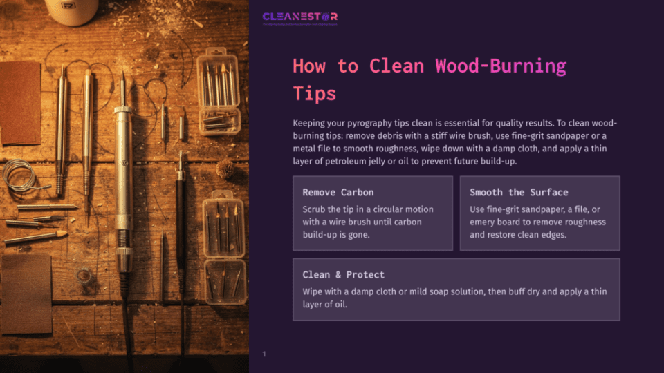 1 How To Clean Wood Burning Tips Wood-Burning Tips And Tools Laid Out On A Wooden Workbench, With A Guide To Cleaning And Maintaining Pyrography Equipment.