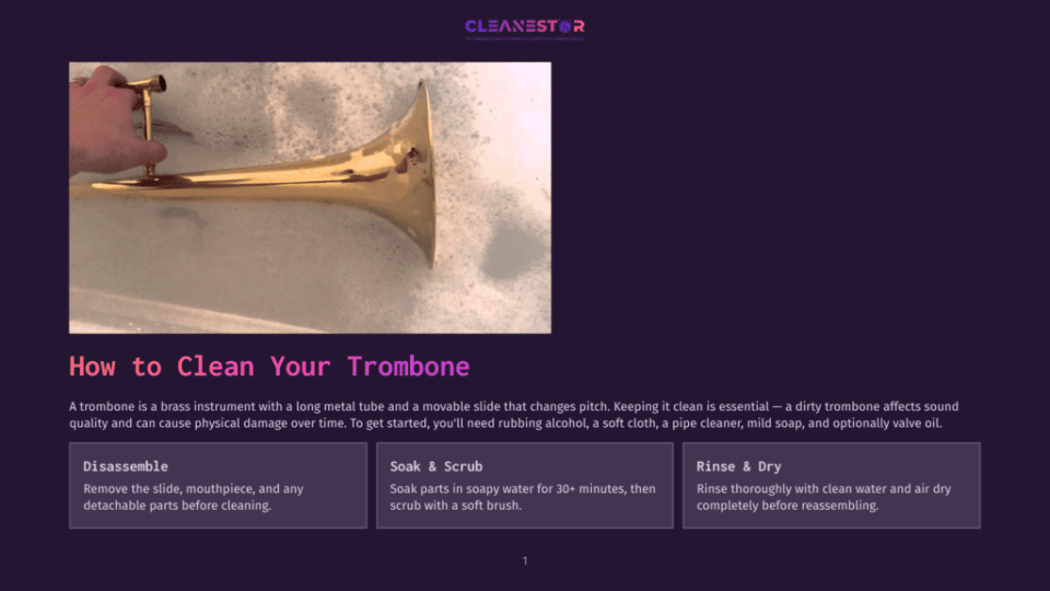 1 How To Clean Your Trombone A Close-Up Shot Shows A Brass Trombone Being Cleaned In Soapy Water. The Image Is Part Of A Guide Titled &Quot;How To Clean Your Trombone,&Quot; With Steps For Disassembly, Soaking, And Rinsing.