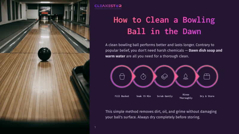 1 How To Clean A Bowling Ball In The Dawn A Black Bowling Ball Rests On A Polished Wooden Bowling Lane, With Pins Visible In The Background. The Image Is Part Of A &Quot;How To Clean A Bowling Ball&Quot; Guide, Featuring Cleaning Steps Illustrated With Icons.