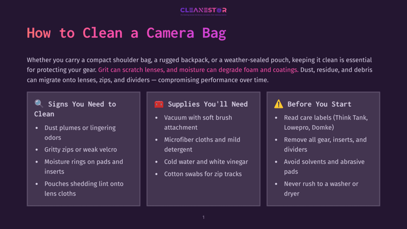 1 How To Clean A Camera Bag A Graphic With The Title &Quot;How To Clean A Camera Bag&Quot; In Large Purple Font. The Graphic Is Divided Into Three Sections: &Quot;Signs You Need To Clean,&Quot; &Quot;Supplies You'Ll Need,&Quot; And &Quot;Before You Start.