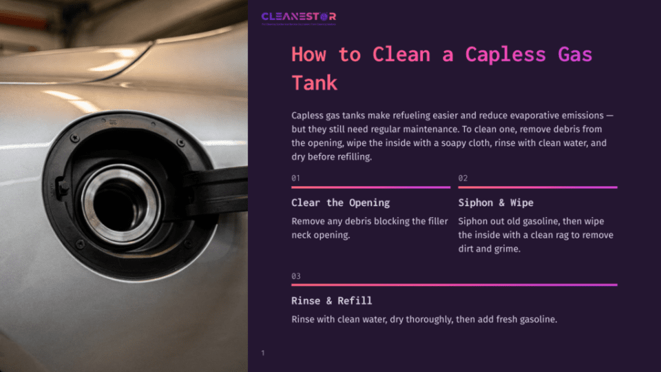 1 How To Clean A Capless Gas Tank Close-Up Of A Car'S Silver Gas Tank Opening With The Fuel Door Ajar, Revealing The Circular Gas Cap Receptacle. Text Overlay Reads &Quot;How To Clean A Capless Gas Tank&Quot;.