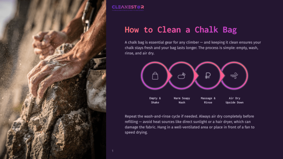 1 How To Clean A Chalk Bag Cleanestor Logo And Graphic Illustrating The 4 Steps To Clean A Chalk Bag: Empty &Amp; Shake, Warm Soapy Wash, Massage &Amp; Rinse, Air Dry Upside Down.