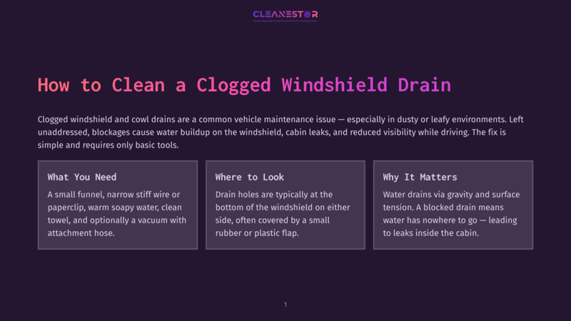 1 How To Clean A Clogged Windshield Drain Title Card For &Quot;How To Clean A Clogged Windshield Drain&Quot; By Cleanestor, Featuring A Dark Purple Background With Text Explaining The Problem And Solution.