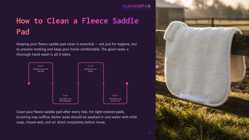 1 How To Clean A Fleece Saddle Pad A Fluffy White Fleece Saddle Pad Is Draped Over A Rustic Wooden Fence Post, With A Blurred Background Of A Sunlit Field. The Image Includes Text From A Guide On &Quot;How To Clean A Fleece Saddle Pad&Quot;.