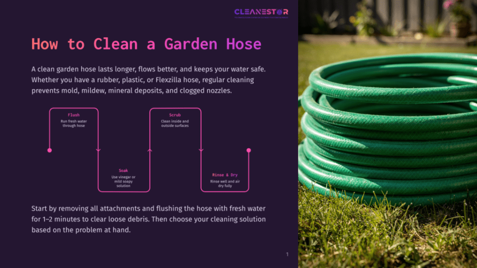 1 How To Clean A Garden Hose Green Garden Hose Coiled On Grass, With Text Overlay Detailing How To Clean A Garden Hose Using Flush, Soak, Scrub, And Rinse Steps.