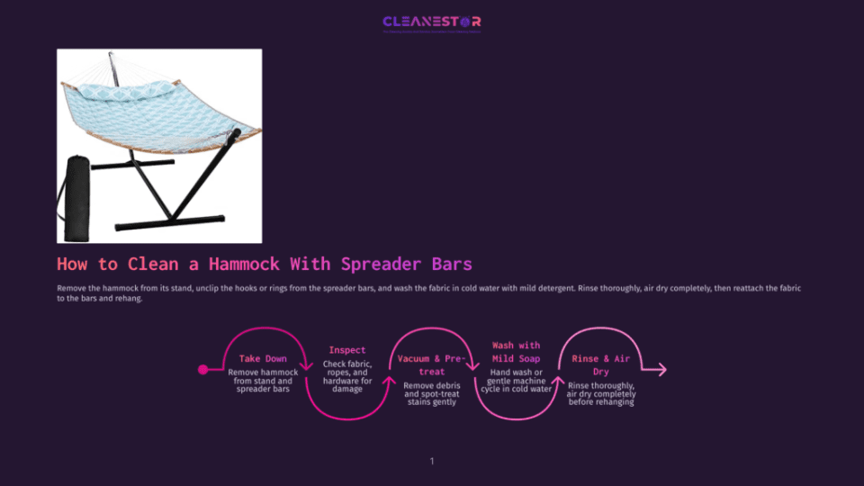 1 How To Clean A Hammock With Spreader Bars A Hammock With Blue And White Diamond Pattern Fabric Hangs From A Black Metal Stand, With Instructions On How To Clean A Hammock With Spreader Bars.