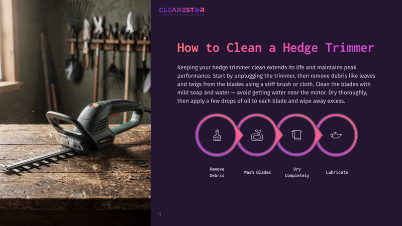 1 How To Clean A Hedge Trimmer A Green Electric Hedge Trimmer Rests On A Rustic Wooden Workbench, With Gardening Tools Like Rakes Hanging On A Wall In The Background. Text Overlay Reads &Quot;Cleanestor How To Clean A Hedge Trimmer&Quot; And Illustrates Cleaning Steps.