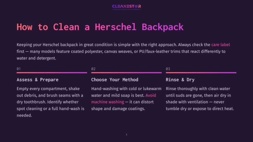 1 How To Clean A Herschel Backpack Infographic Titled &Quot;How To Clean A Herschel Backpack&Quot; With Three Steps: Assess &Amp; Prepare, Choose Your Method, And Rinse &Amp; Dry, Providing Instructions For Cleaning Herschel Backpacks.