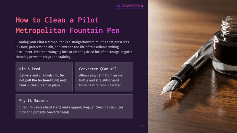 1 How To Clean A Pilot Metropolitan Fountain Pen A Close-Up Of A Dark Ink Bottle And A Gleaming Black Pilot Metropolitan Fountain Pen Resting On A Wooden Surface. The Pen'S Nib Is Poised Over The Ink.