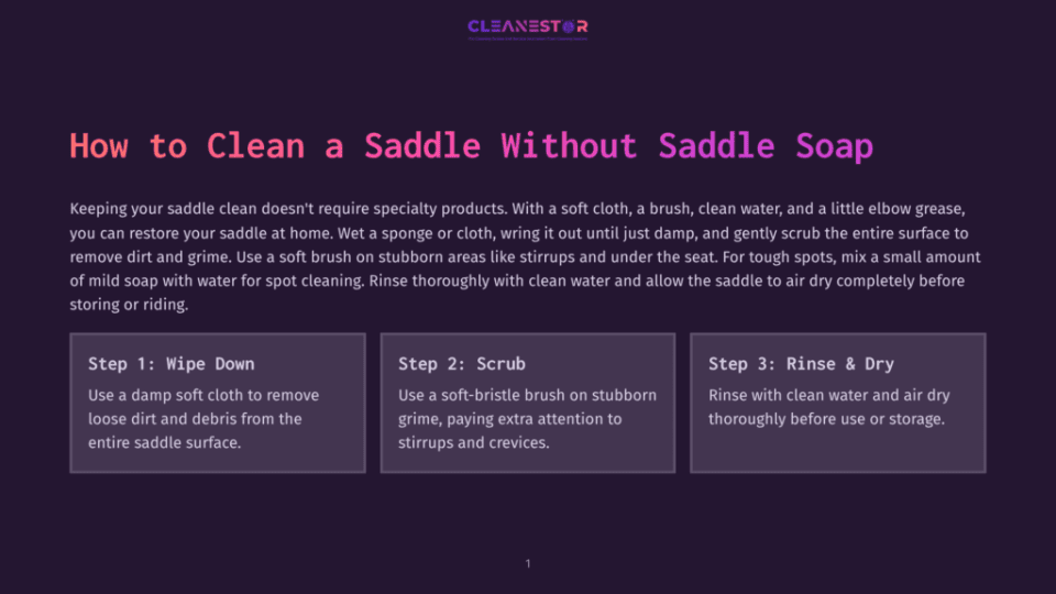 1 How To Clean A Saddle Without Saddle Soap Infographic Titled &Quot;How To Clean A Saddle Without Saddle Soap&Quot; With Three Steps: Wipe Down, Scrub, And Rinse &Amp; Dry, With Instructions For Each Step.