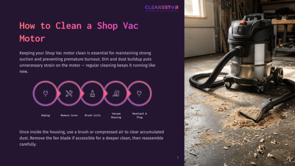 A Powerful Shop Vac Sits On A Dusty Workshop Floor Covered In Sawdust, With A Black Hose Attached. The Image Is Part Of A Guide On How To Clean A Shop Vac Motor.